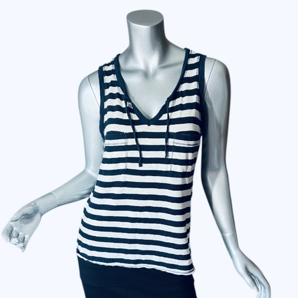 Joe Fresh Women’s Medium Navy Blue & White Striped V Neck Tank Cotton Tee Shirt
